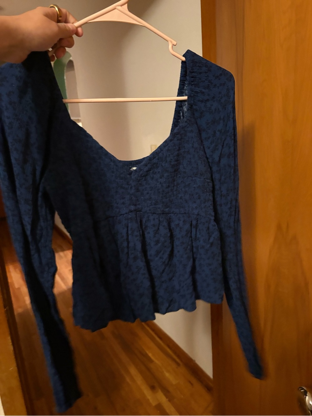 Hollister Navy Blue Textured Long-Sleeve Peplum Top